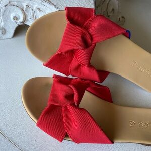 Rothy’s 🍒 Bow Twist Sandals Slip On Flats Slides Shoes Womens 6.5 Red
